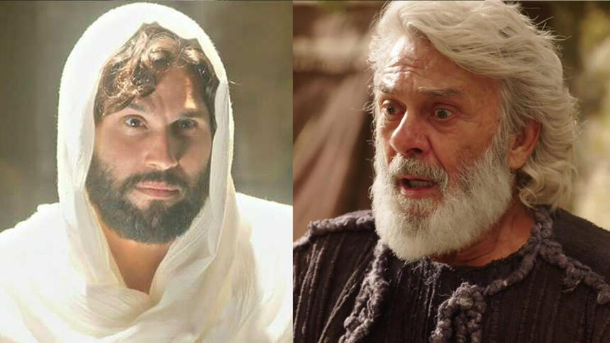 Montagem com Jesus (Dudu Azevedo) e Abrão (Zé Carlos Machado) em cena da novela Gênesis