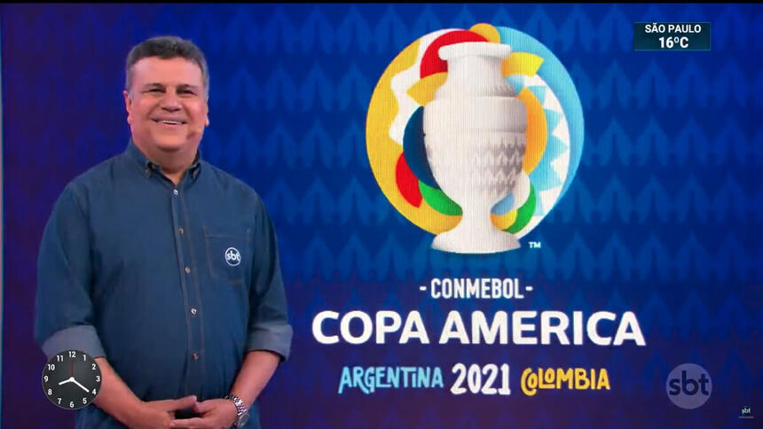 Téo José participando do SBT Brasil, ao vivo, para anunciar a Copa América 2021