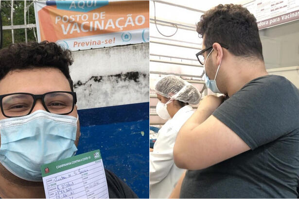 Victor Hugo, ex-BBB 20, sendo vacinado contra a covid-19