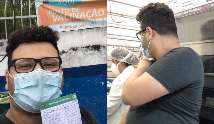 Victor Hugo, ex-BBB 20, sendo vacinado contra a covid-19