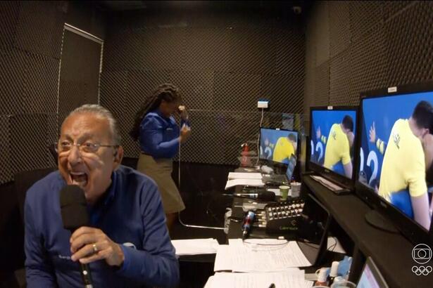 Galvão Bueno nos estúdios da TV Globo, bastidores da ginástica artística