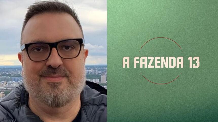 Rodrigo Carelli ao lado do logo de A Fazenda 13