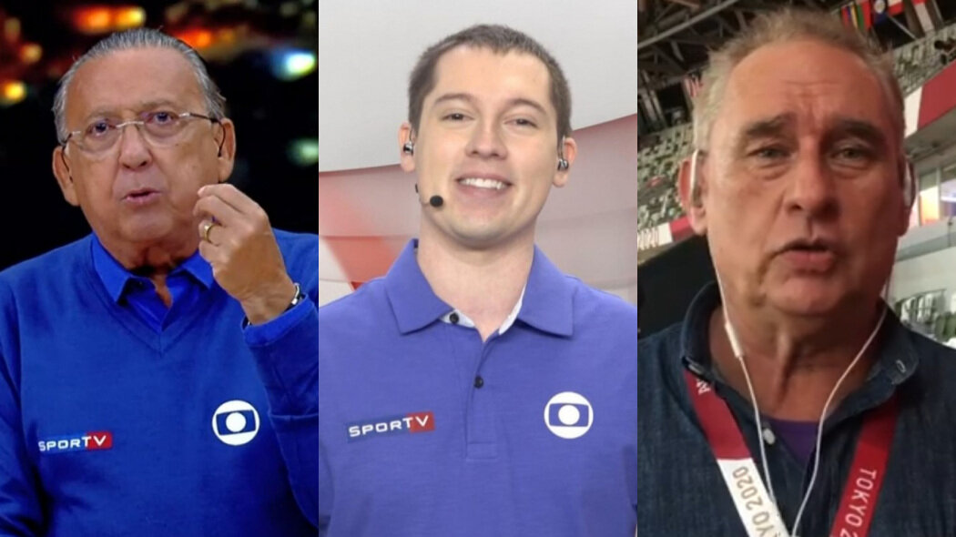 Galvão Bueno, Sérgio Arenillas e Álvaro José em uma montagem
