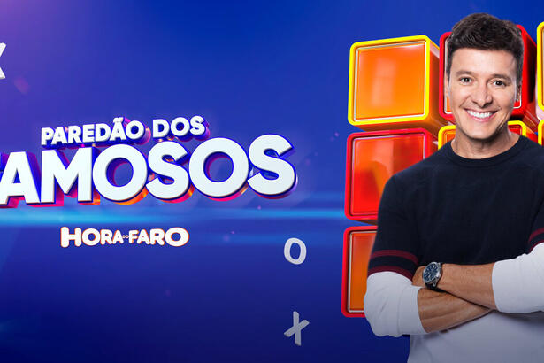 Logo do Paredão dos Famosos ao lado do apresentador Rodrigo Faro