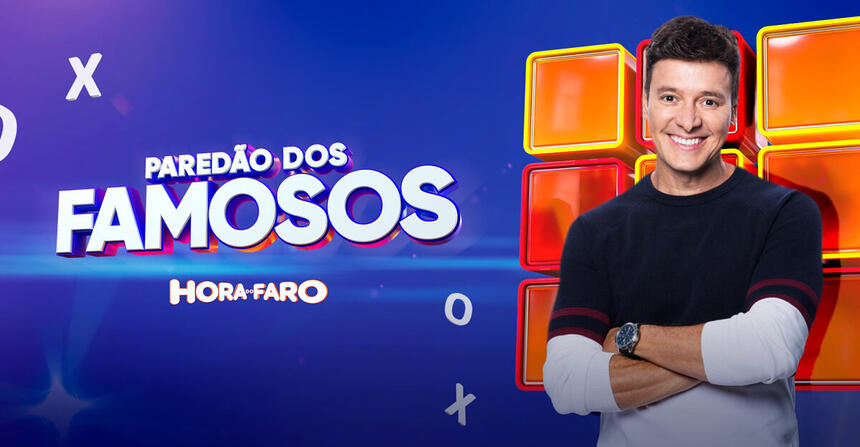 Logo do Paredão dos Famosos ao lado do apresentador Rodrigo Faro