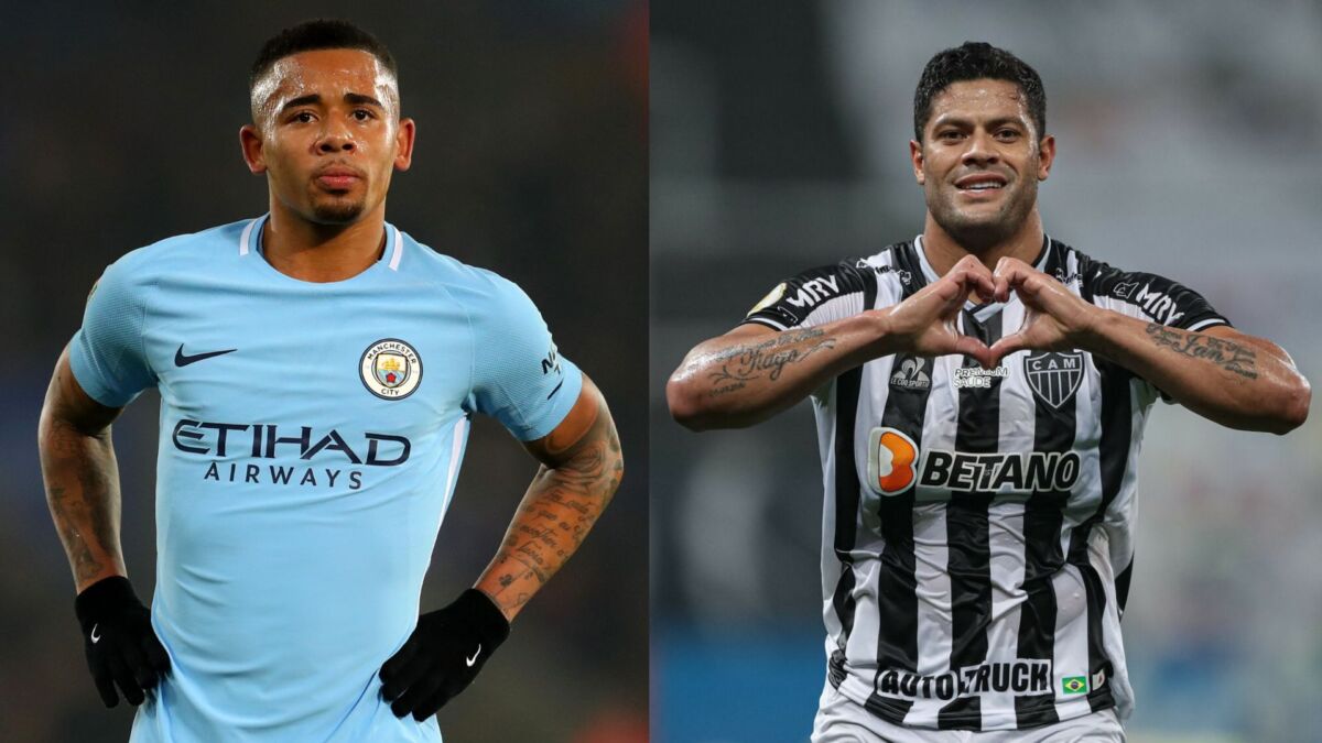 Gabriel Jesus com a camisa do Manchester City e Hulk com a camisa do Atlético/MG em uma montagem