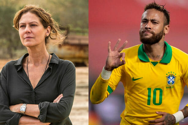 Patricia Pillar gravando novela das onze na TV Globo e Neymar comemorando um gol