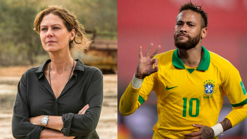 Patricia Pillar gravando novela das onze na TV Globo e Neymar comemorando um gol