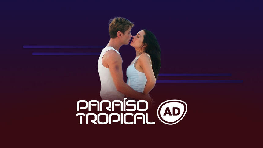 Paula e Daniel se beijam e o logo do resumo da semana da novela Paraíso Tropical