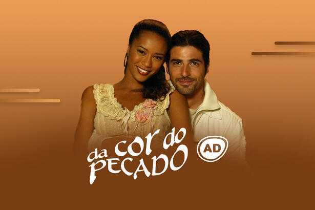 Paco e preta e ao lado o logo do resumo da novela Da Cor do Pecado