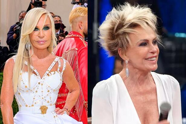 Donatella Versace com seu look branco no Met Gala 2021 e Ana Maria Braga no Altas Horas