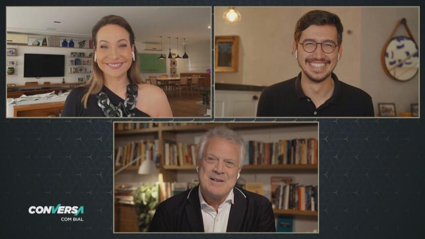 Maria Beltrão, Nilson Klava e Pedro Bial durante gravação do Conversa com Bial via videochamada