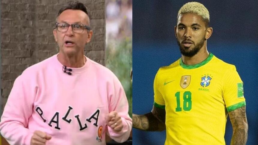 Neto, nos estúdios de Os Donos da Bola na Band, e Douglas Luiz, com a camisa da Seleção Brasileira, em montagem