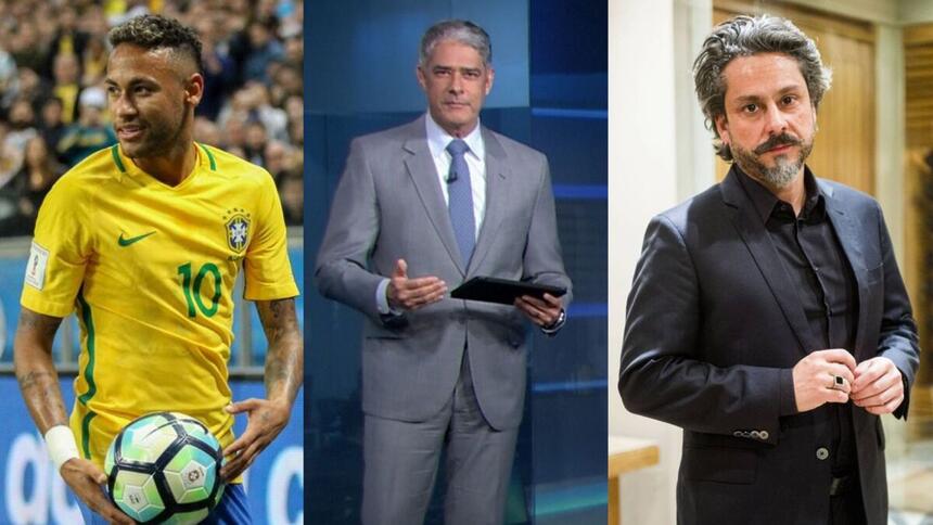 Neymar (com uma bola na mão), Bonner (com um tablet na mão no estúdio do Jornal Nacional) e Comendador (Alexandre Nero) da novela Império em uma montagem