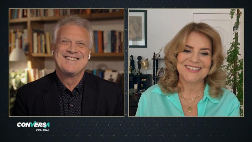 Pedro Bial e Sylvia Bandeira durante a entrevista, feita de forma remota, para o Conversa com Bial