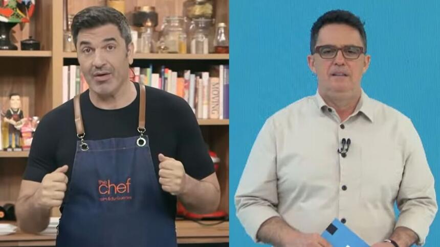 Edu Gudes no cenário do The Chef e Fernando Fernandes no cenário do Esporte Total - montagem