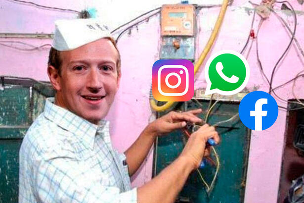 Mark Zuckerberg consertando o WhatsApp, Instagram e Facebook em meme