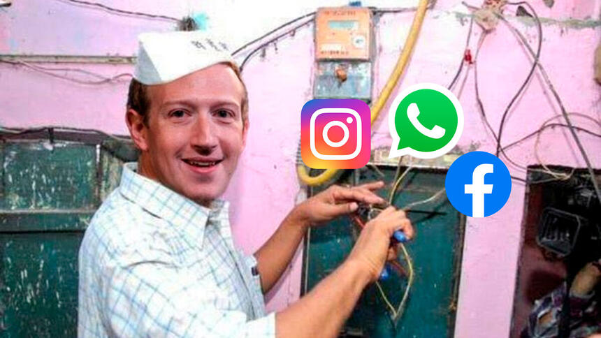 Mark Zuckerberg consertando o WhatsApp, Instagram e Facebook em meme