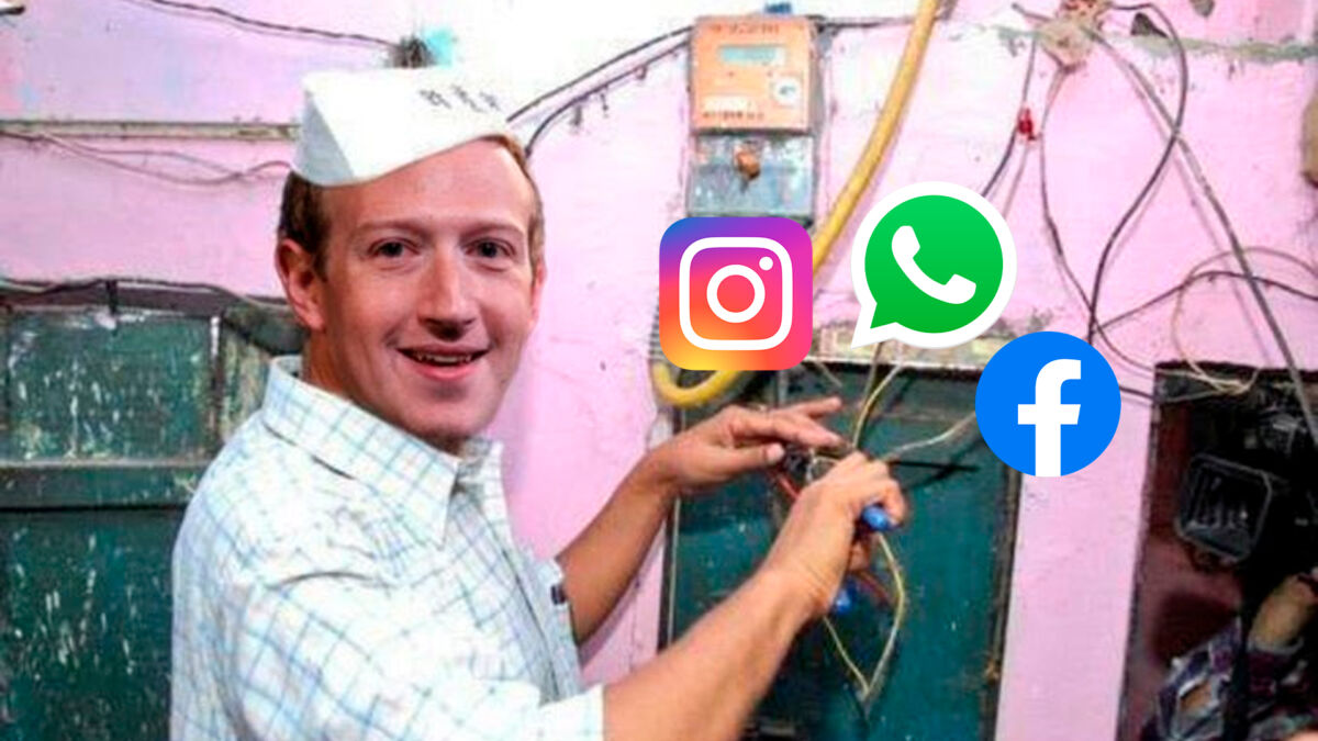 Mark Zuckerberg consertando o WhatsApp, Instagram e Facebook em meme