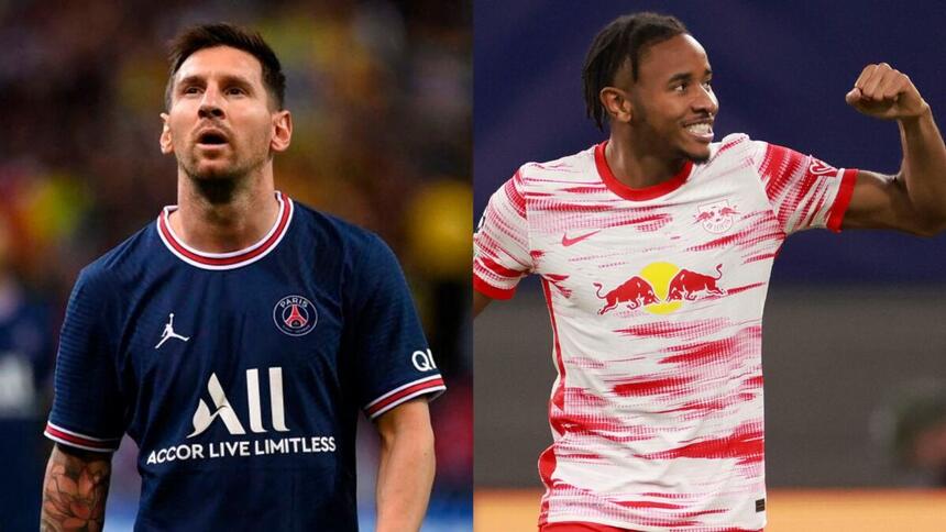 Messi, com a camisa do PSG, e Nkunku, com a camisa do Leipzig, em uma montagem