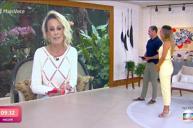 Ana Maria Braga - participando de casa pelo telão - e Talitha Morete e Fabrício Battaglini nos estúdios do Mais Você