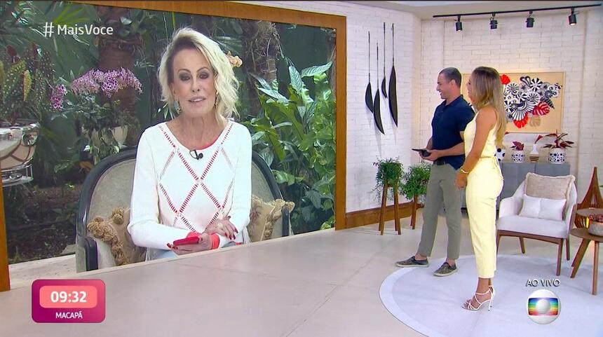 Ana Maria Braga - participando de casa pelo telão - e Talitha Morete e Fabrício Battaglini nos estúdios do Mais Você