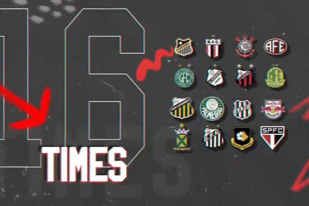 Trecho da chamada do sorteio do Paulistão na Record TV - Print com os logos dos 16 times