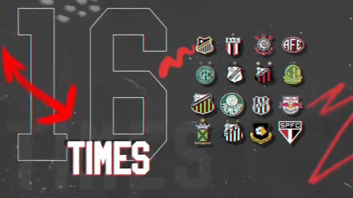 Trecho da chamada do sorteio do Paulistão na Record TV - Print com os logos dos 16 times