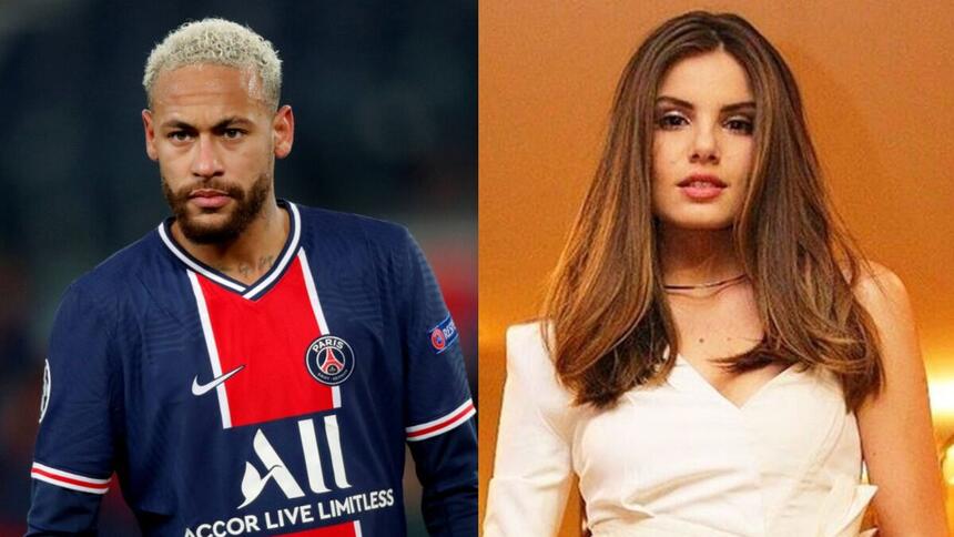 Neymar - com a camisa do PSG - e Camila Queiroz em uma montagem