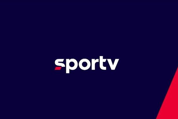 Nova logomarca do SporTV, com o fundo azul e linhas vermelhas no canto direito