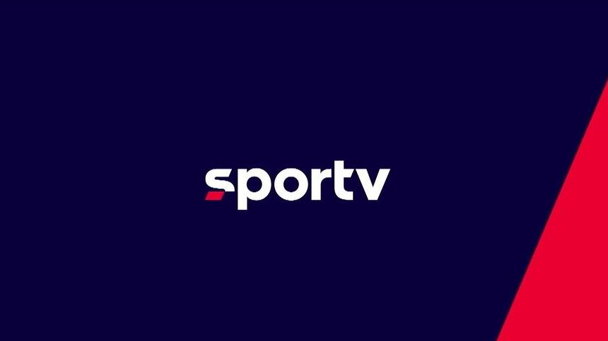 Nova logomarca do SporTV, com o fundo azul e linhas vermelhas no canto direito