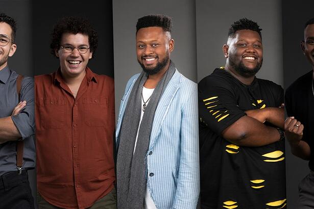 Gustavo Matias, Giuliano Eriston, Hugo Rafael, Bruno Fernandez e Gustavo Boná na ordem - Finalists do The Voice Brasil 2021