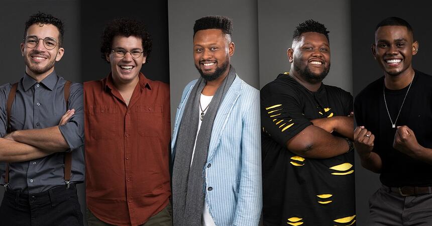 Gustavo Matias, Giuliano Eriston, Hugo Rafael, Bruno Fernandez e Gustavo Boná na ordem - Finalists do The Voice Brasil 2021