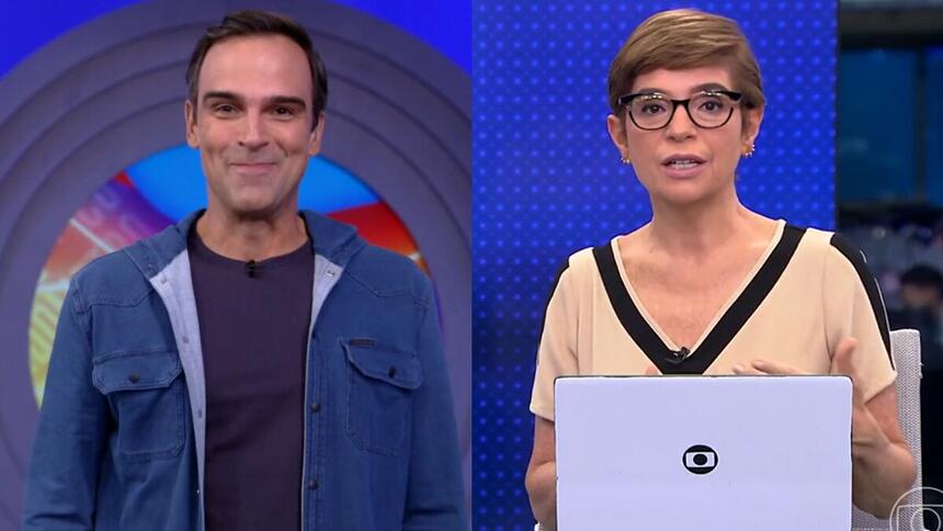 Tadeu Schmidt nos estúdios do BBB, em montagem com Renata Lo Prete sentada na bancada do Jornal da Globo