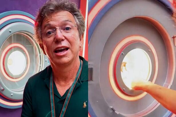 Boninho apresentando e demonstrando o uso do botão da desistência na sede do BBB
