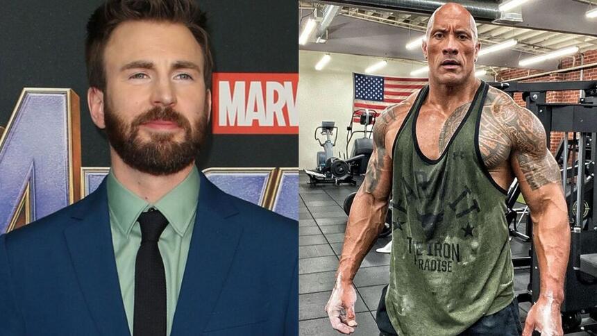 Chris Evans, vestido de terno azul, e Dwayne Johnson, vestido de camiseta