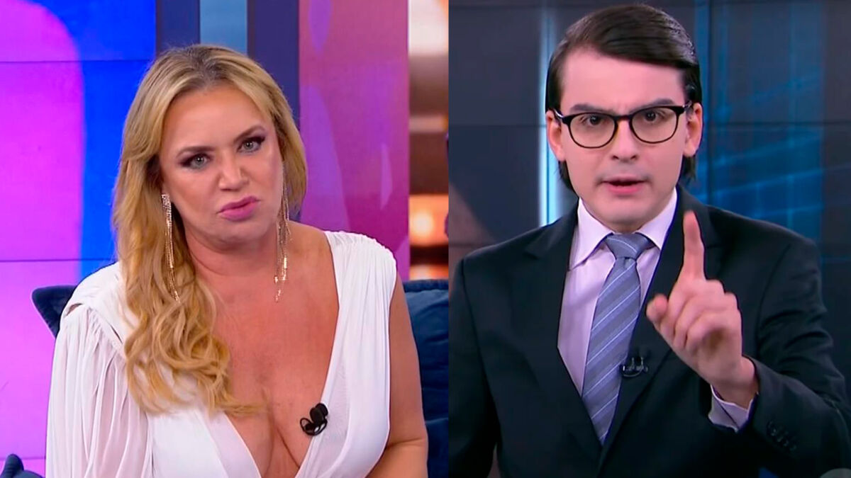 Apresentadora Flor de vestido branco no Fofocalizando. Dudu Camargo levantando o dedo durante apresentação do Primeiro Impacto no SBT
