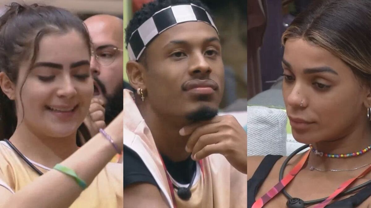 Montagem com 3 imagens. Na primeira Jade recebe o colar de monstro, na segunda Paulo André está pensativo ao receber o monstro e, na última imagem Bruna Gonçalves também aparece pensando sobre o castigo