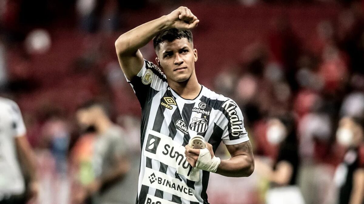 Marcos Leonardo com um braço estendido e comemorando gol com a camisa do Santos