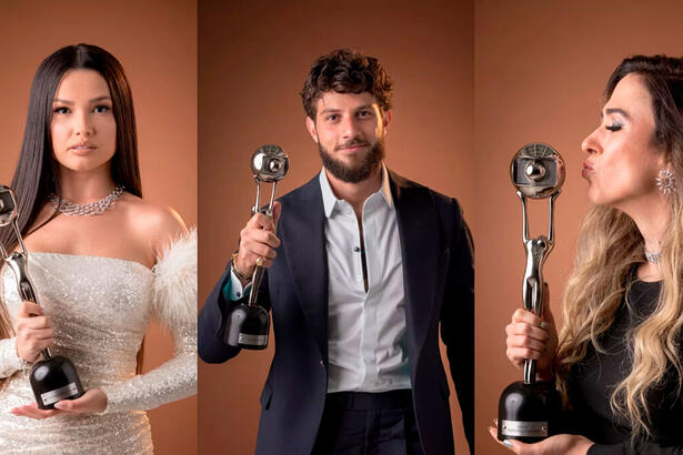 Juliette, Chay Suede e Tata Werneck segurando o troféu do Melhores do Ano - montagem