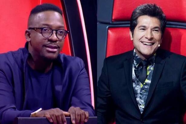 Montagem com Mumuzinho e Daniel sentados na cadeira de técnico do The Voice