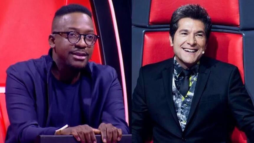 Montagem com Mumuzinho e Daniel sentados na cadeira de técnico do The Voice