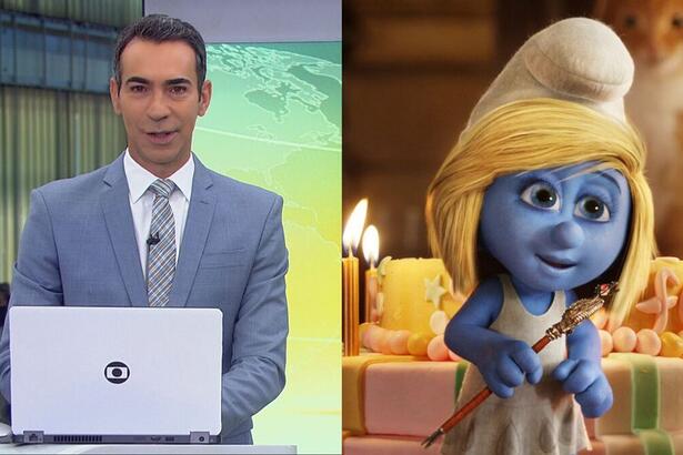 Cesar Tralli nos estúdios do Jornal Hoje em um montagem com o trecho do filme Os Smurfs 2