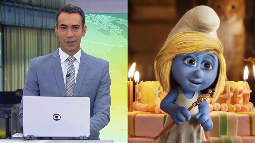 Cesar Tralli nos estúdios do Jornal Hoje em um montagem com o trecho do filme Os Smurfs 2