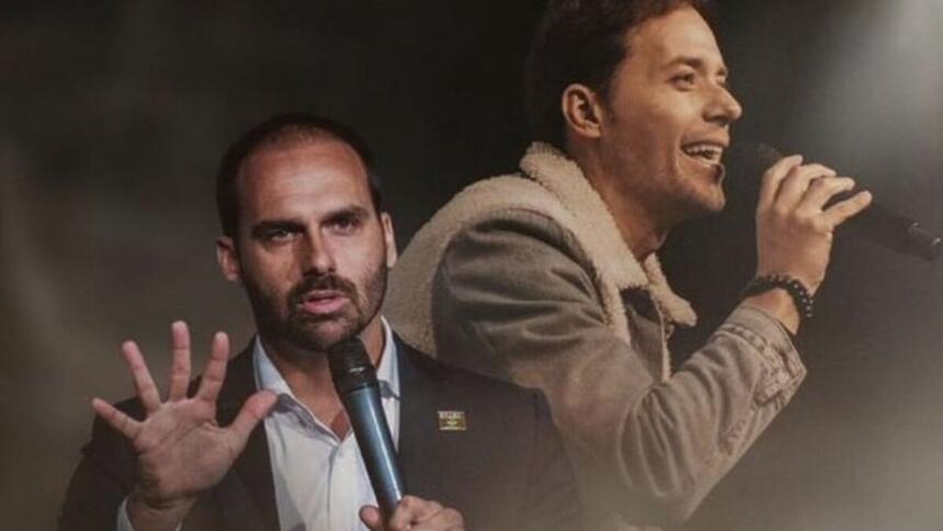 Eduardo Bolsonaro e André Valadão em anúncio de culto na Igreja Lagoinha de Orlando