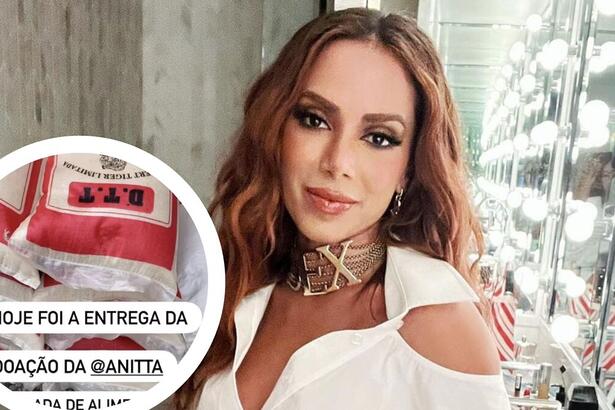 Montagem com duas imagens. Na primeira, sacos de arroz que foram doados por Anitta. Na segunda imagem, a cantora aparece vestindo uma blusa de manga longa na cor branca