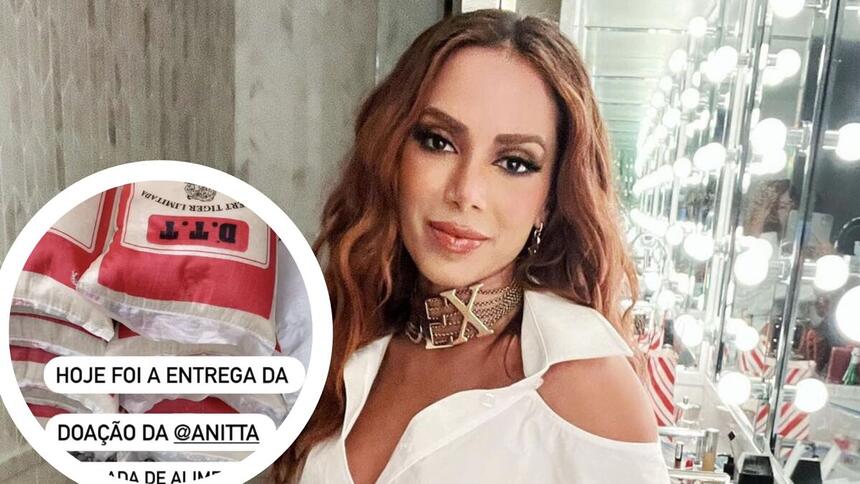 Montagem com duas imagens. Na primeira, sacos de arroz que foram doados por Anitta. Na segunda imagem, a cantora aparece vestindo uma blusa de manga longa na cor branca