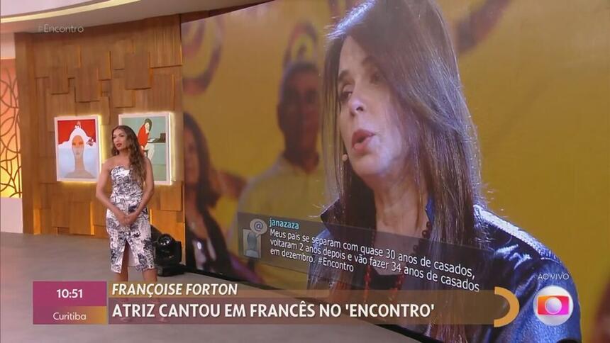 Patrícia Poeta com Françoise Forton de fundo no Encontro