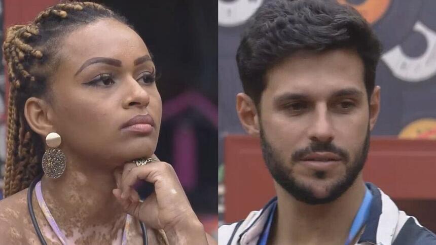 Natália com a mão no queixo conversa com Rodrigo no quarto do BBB 22