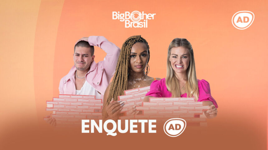 Arthur Aguiar, Natália e Bárbara seguram o muro do Paredão do BBB para a divulgação da enquete